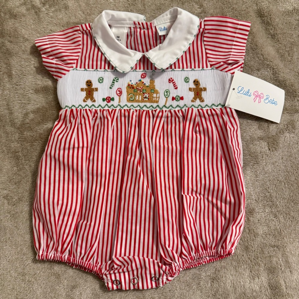 Lulu Bebe Smocked Gingerbread Christmas Bubble Romper Red White Stripe 3M NWT